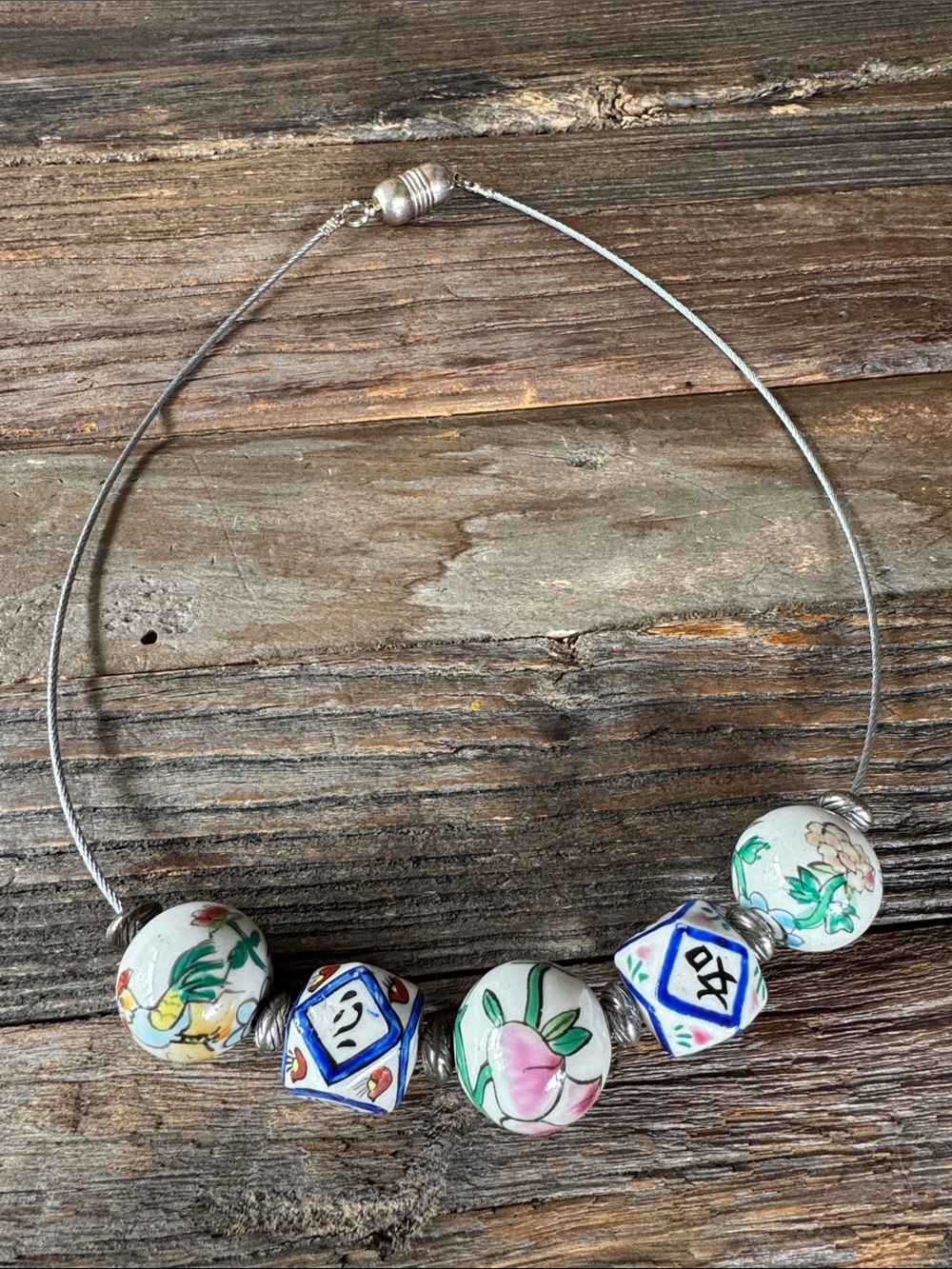 Vintage porcelain ball Asian inspired necklace‎
